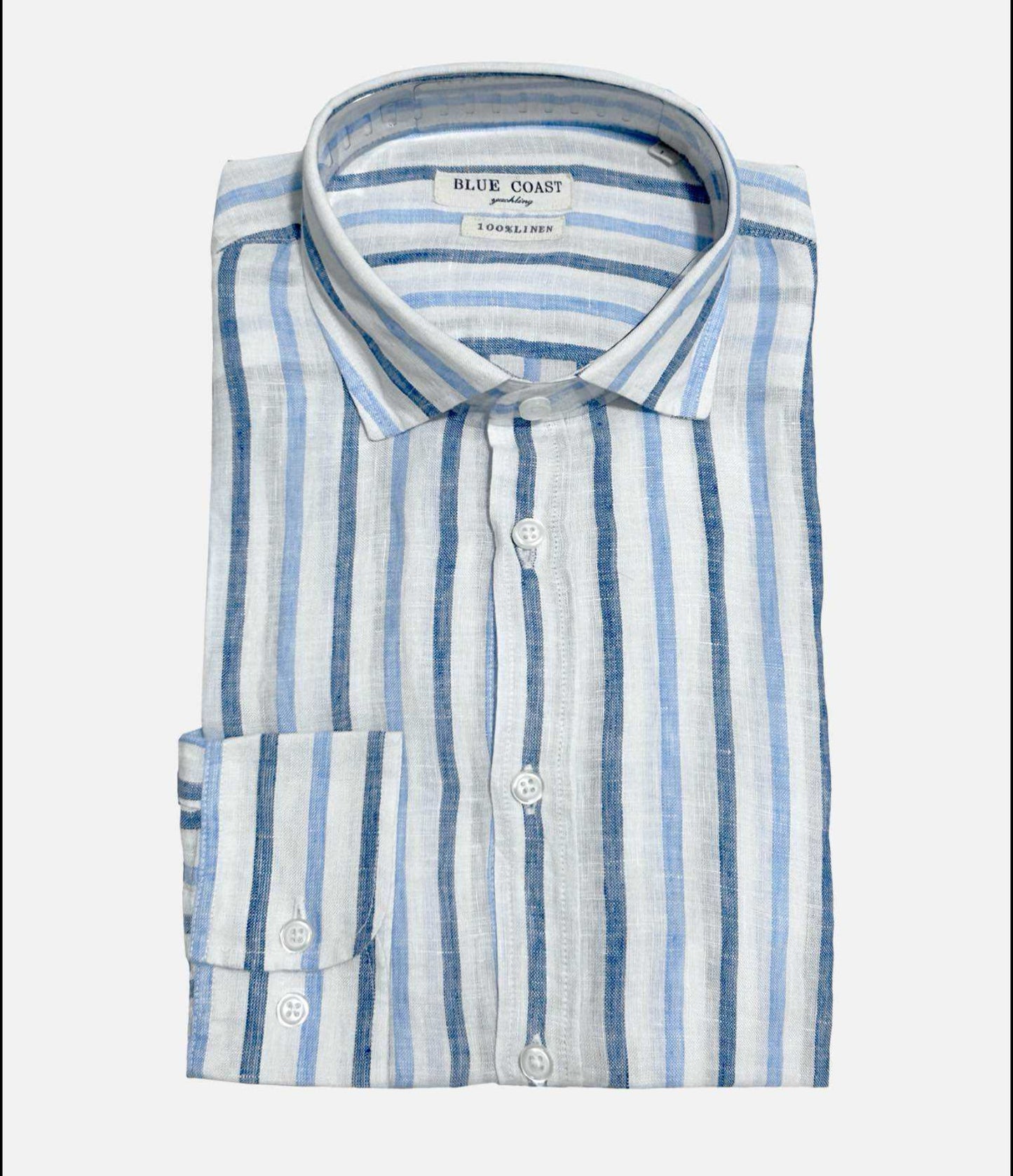 CAMISA LINO RAYAS BICOLOR CELESTE BLUE COAST