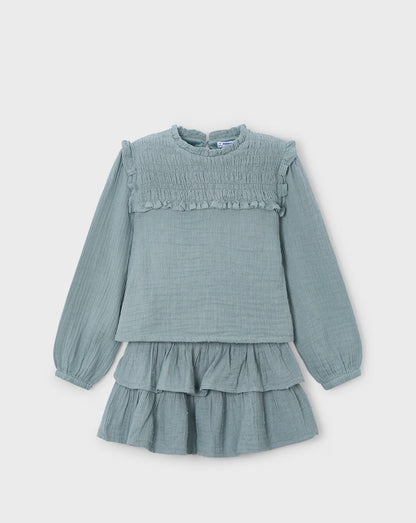 CONJUNTO 4933 BLUSA Y FALDA DE VOLANTES VERDE MAYORAL NIÑA