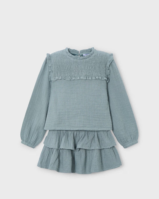 CONJUNTO 4933 BLUSA Y FALDA DE VOLANTES VERDE MAYORAL NIÑA