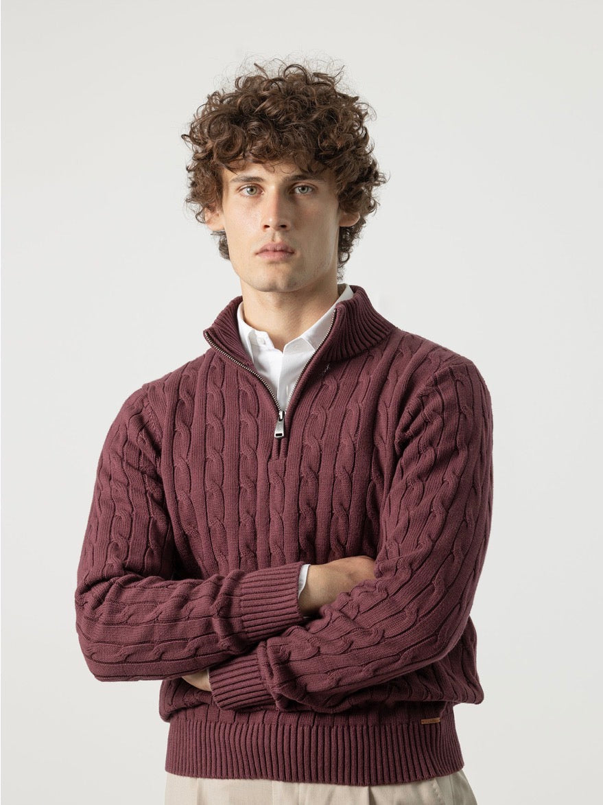 PUROEGO JERSEY CABLE KNIT CUELLO MOCK BURDEOS